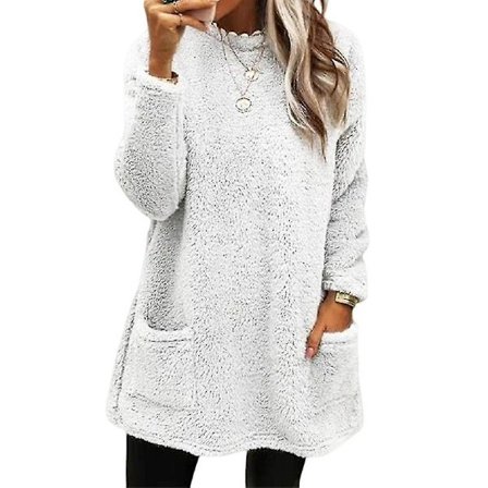 Dam Sweatshirt Långärmad Med 2 Fickor Enfärgad Ytterkläder Vinter Tjock Tröja Enkel Sweatshirt