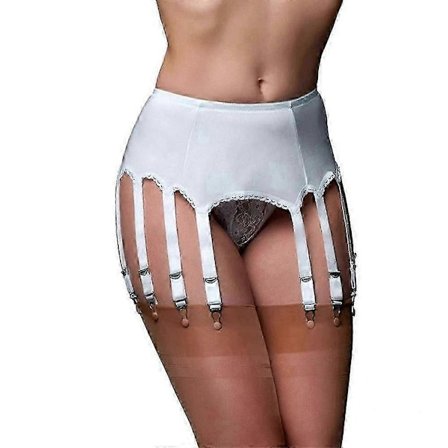 Hvid ekstra stor strømpeholder til kvinder med 10 plastikclips, egnet til strømper.