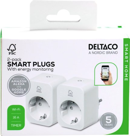 Deltaco SMART HOME, smart plug with energy monitoring, 16A, 2-pack