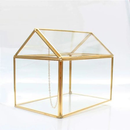 Geometriskt terrarium, husformat växthus i glas för mossa, ormbunke, suckulent med gångjärnslock, guld【PL】