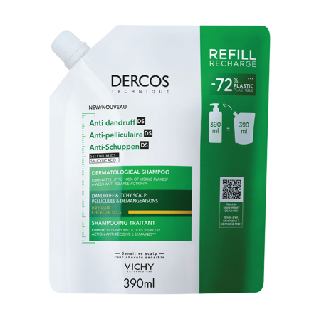 Vichy Dercos Anti-Dandruff Shampoo for Dry Hair Refill, 390 ml