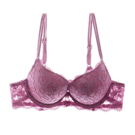Sexig Push Up BH Djup V Bysthållare Tjock Bomull Dam Underkläder Spets Lila Broderi Blommor Underkläder Pink 70A