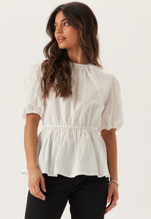 Bubbleroom - Puff Sleeve Peplum Blouse - White - Kläder