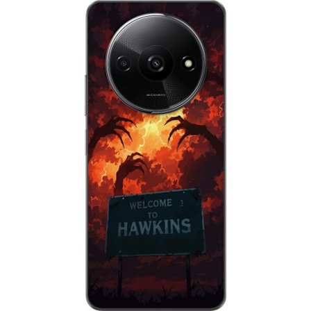 Kompatibelt Mobildeksel til Xiaomi Redmi A3 Mørk apokalyptisk fantasi-scene med brennende himmel og Hawkins-skilt i Stranger Things-stil