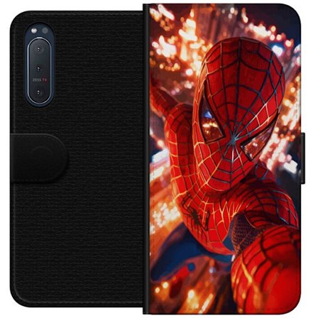 Kompatibelt Lommeboketui til Sony Sony Xperia 5 II Spider Man i intensiv handling med gnistrende lys og dynamisk perspektiv i filmisk superheltstil