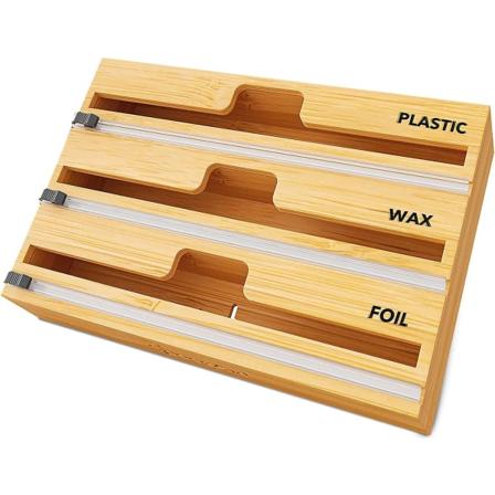 3 in 1 -kääreen organizer leikkurilla ja tarroilla, muovikääreellä, alumiinifoliolla ja vaha-bambu-annostelijalla (luonnollinen)