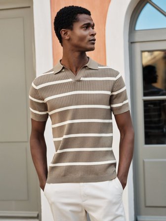 John Henric Men's Taupefarbene Rippstrick-Poloshirt Baumwolle Size L
