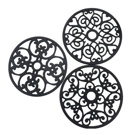 3 stk. silikone grydemåtter, sorte silikone isolerede coasters, isoleret skridsikker varmeplade udskåret vandtæt kop isoleringsmåtte