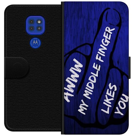 Kompatibelt Lommeboketui til Motorola Moto G9 Play Mørk typografisk illustrasjon med hjerteform og budskap om vennskap mot dyp blå tretekstur