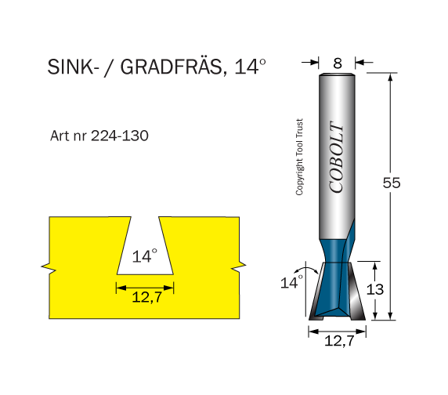 Cobolt 224-130 Vaskfræser 14° D=12,7 L=13 TL=55 S=8, Maskintilbehør & forbrugsvarer