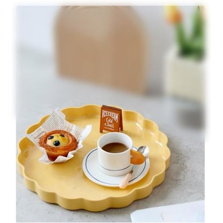Rund serveringsbricka i plast för soffbord, modern dekorativ bricka, frukostbricka, gul, för soffbord, badrum, kök