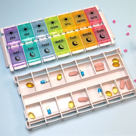 En syv farver, ca. 232 * 112 * 29mm Ugentlig fransk morgen aften stor medicin pilleæske 7 dage 2 rum Ugentlig pilleæske 2 gange om dagen