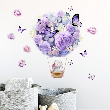 Rabbit on Hot Air Balloon Purple Flower Butterfly Wall Stickers for Baby Girls Room Kids Room Wall Decals Daughter Room Decor