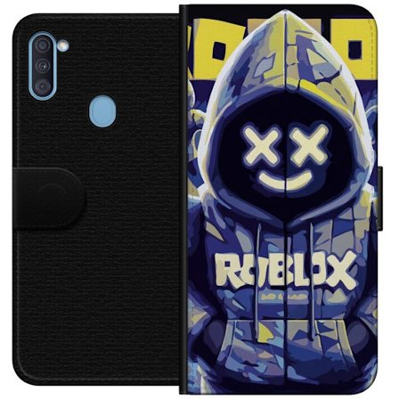 Kompatibelt Lommeboketui til Samsung Samsung Galaxy A11 Blågul Roblox hettegenserfigur med minimalistisk neonstil og masket ansikt, moderne spillillu