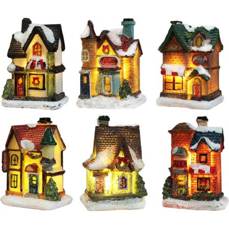 (6 stk. sæt, 4*6.5*9cm) Lysende Julelandsby, Lysende