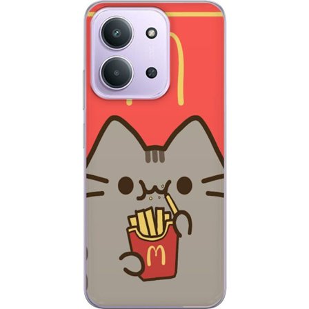 Kompatibelt Mobildeksel til Xiaomi Redmi 15C Pusheen-katt som spiser McDonald's-inspirerte pommes frites - søtt og humoristisk motiv i varm fargepalet