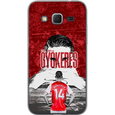 Yhteensopiva Puhelinkuori Samsung Galaxy Core Prime Punainen dramaattinen kollaasikuva, jossa esiintyy Viktor Gyökeresin muotokuva ja pelaajia takaapä