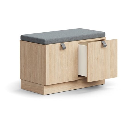 Drawer storage bench QBUS, base frame, handle, 534x800x420 mm, oak, grey cushion