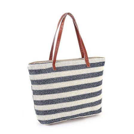 Strandvesker Stor Xxl Familie Med Glidelås - Flettet Stråveske Shopper Skulderveske Shoppingveske - Blå