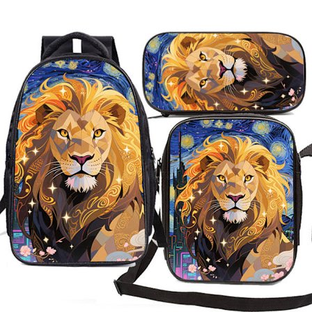 Rygsæk - 3D Børne Skoletaske Rygsæk 3 stk. (Løve A)