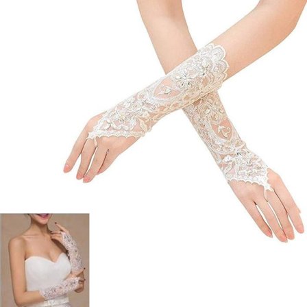 Brudehandsker, fingerløse handsker, rhinstensbesatte blondehandsker - bryllupsfest, 27,5 cm (hvid)