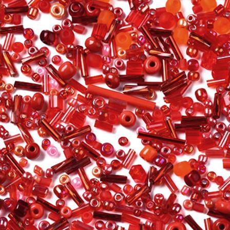 Mix av seed beads och stavpärlor, röd/orange, 20g röd
