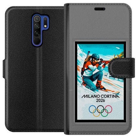 Kompatibelt Lommeboketui til Xiaomi Redmi 9 Retroplakat Cortina Milano 2026 med fjell, vintersportsutøvere, italienske trikolor, Milano-katedralen og
