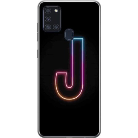 Kompatibelt Mobildeksel til Samsung Samsung Galaxy A21s Minimalistisk neonbokstav J i fargeskiftende lys mot svart bakgrunn