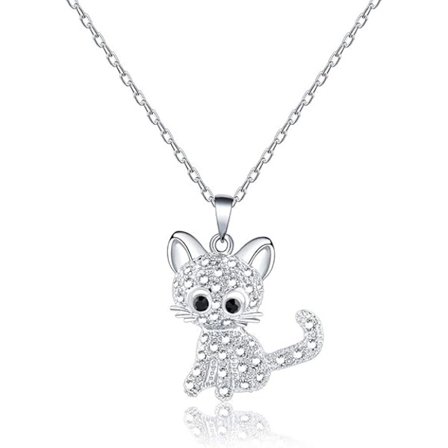 Sølv Katte Halskjede Gave til Kvinner Jenter Kitty Katte Anheng Smykker med Skinnende Hvit Krystall Katteelsker Bursdagsgaver [BR]
