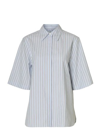 Slfellen 2/4 Striped Boxy Shirt B Blue Selected
