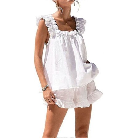 Dames 2-delt sett sommer mote volangkant cami og avslappet shorts sett bomull pyjamassett Dd.