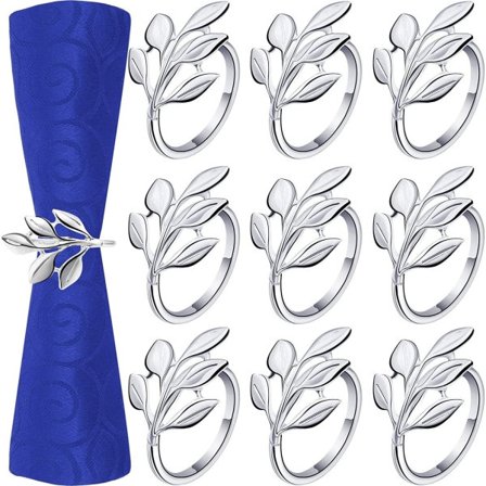 Servietringe og holdere, (10 STK-BLAD, SØLV) Servietring i metal