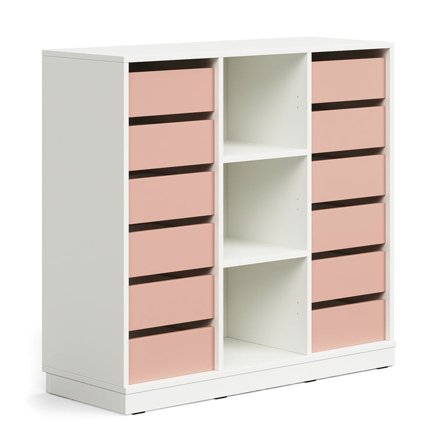 Student storage CASPER, 12 drawers, 3 compartments, base frame, white/dark pink