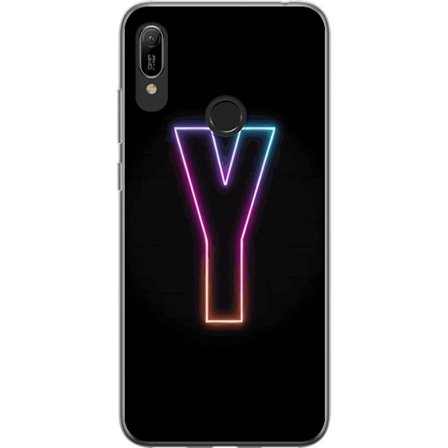 Kompatibel Mobilcover til Huawei Huawei Y6 (2019) Minimalistisk neonbogstav Y i farveskiftende lys mod sort baggrund