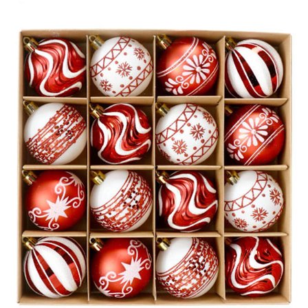 Julekuglesæt, 16 elegante hvide & røde julekugler i forskellige farver, ubrydelig C...