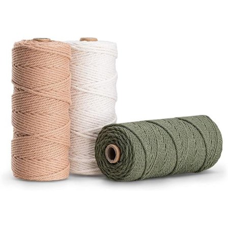 3 farger makramégarn, makramétau 3mm X 100m naturlig makramégarn i bomull, naturlig bomullstråd flettet tau DIY veggteppe, plantehåndverk 