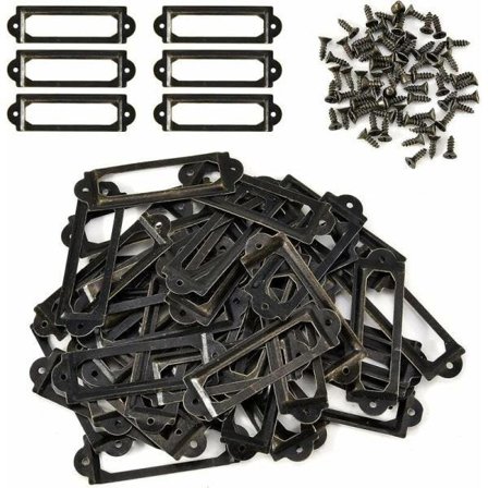 {xjxj}50 stk. Etiketholdere Bogreol Skuffe Skab Navneskilt med skruer, 60 x 17 mm, Antik messing