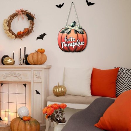 Halloween Hello Pumpkin Dörrskylt Trä Rustik Bondgård Höst Inomhus Utomhus Ytterdörr Vägg Hängande Välkomstskylt Partydekoration Orange