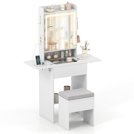 Sminkebordsæt med LED-spejl, skammel og stikkontakter