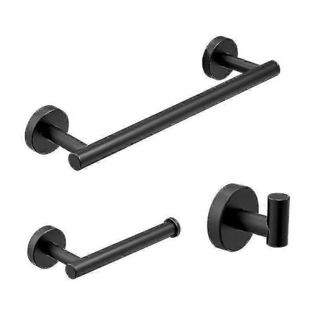 3-osainen kylpyhuonetarvikesetti, 40 cm pyyhekoukku, WC-paperiteline, kylpytakki koukku, mattamusta