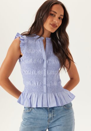 BUBBLEROOM - Sleeveless Cotton Smock Blouse - Light blue