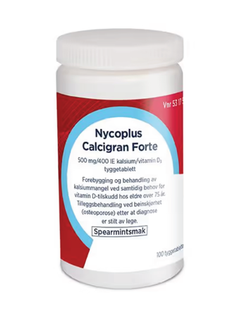 Nycoplus Calcigran Forte 500 mg/400 IE tyggetabletter, 100 stk.