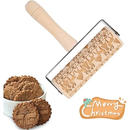 Jul rullande stift i trä, rullande stift i trä för bakning av präglade kakor, 3d rullande stift i trä, präglad rullande stift, graverad rullande stift