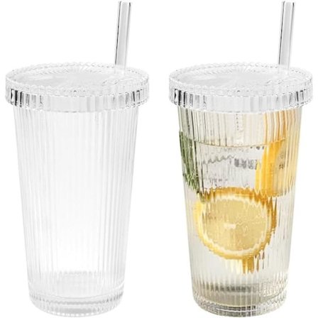 2 st Tumblers med lock och sugrör 380ML Glas Tumblers med lock och sugrör Återanvändbara glasmuggar, Resemuggar (Transparent)