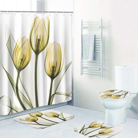 Print Blomstertryck Dekor Badmattor Med Matta Duschdraperi Set