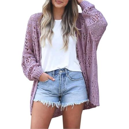 Dame Cardigan Sweater Kimono Boho Solid Farve Oversized Sommer Åben Front Cardigan Sweater Yderbeklædning, Lilla, M