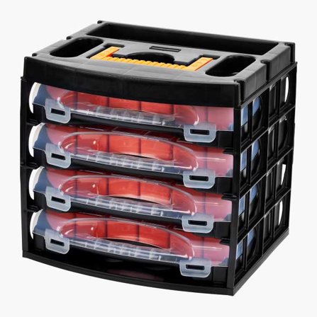 Biltema - Sortimentkasser i 4 Sett med Gjennomsiktig Lokk og 16 Løse Innertrau - Bærbar og Stablebar