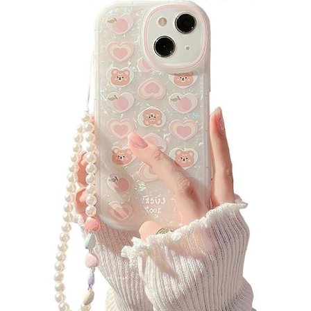 Søtt Estetisk Kjærlighetshjerte Bjørnemønster Deksel med Perle Telefonanheng for iPhone 15 Kvinner Jente Design