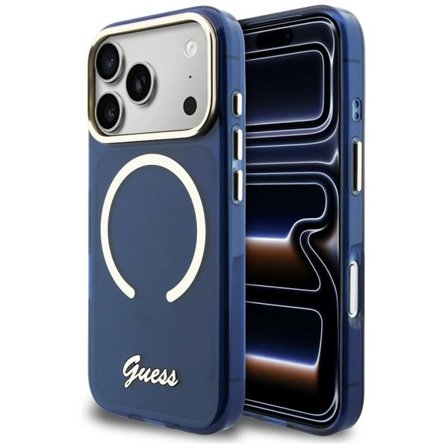 Guess IML Script MagSafe-fodral i metall för iPhone 17 Pro - Blå