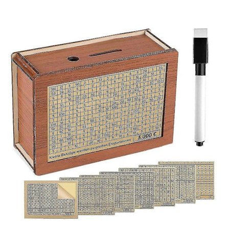 Puinen säästölipas, puinen säästölipas laskurilla merkitsemistä varten, säästöpossu merkinnällä, säästölipas, puu